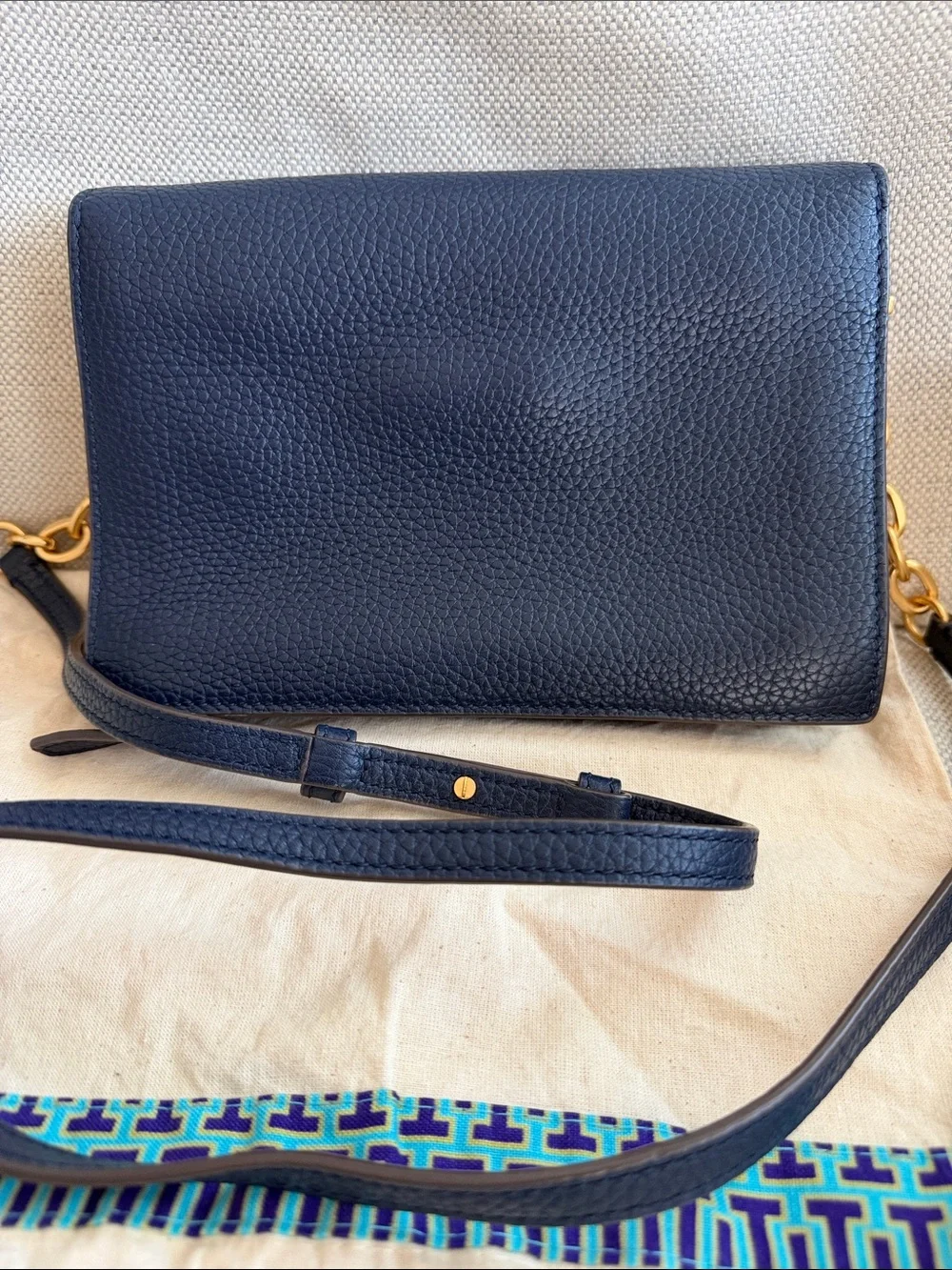 Tory Burch Navy Pebbled Leather Crossbody with Gold Logo
